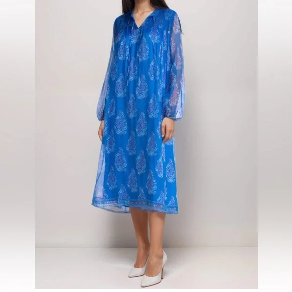 New Johnny Was Jade Blue Blaire Floral 100% Silk Midi Dress - Picture 3 of 16